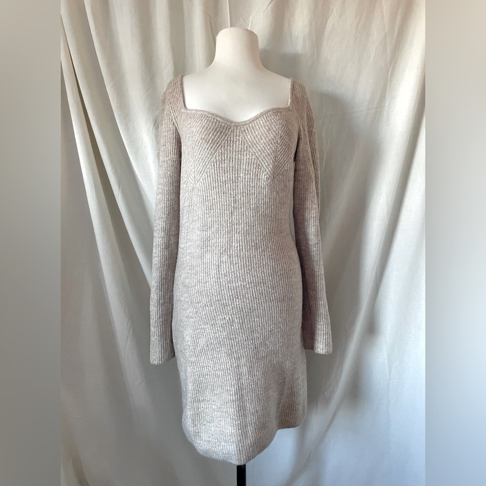 H&M Beige Cream Sweetheart Neck Sweater Dress sz L